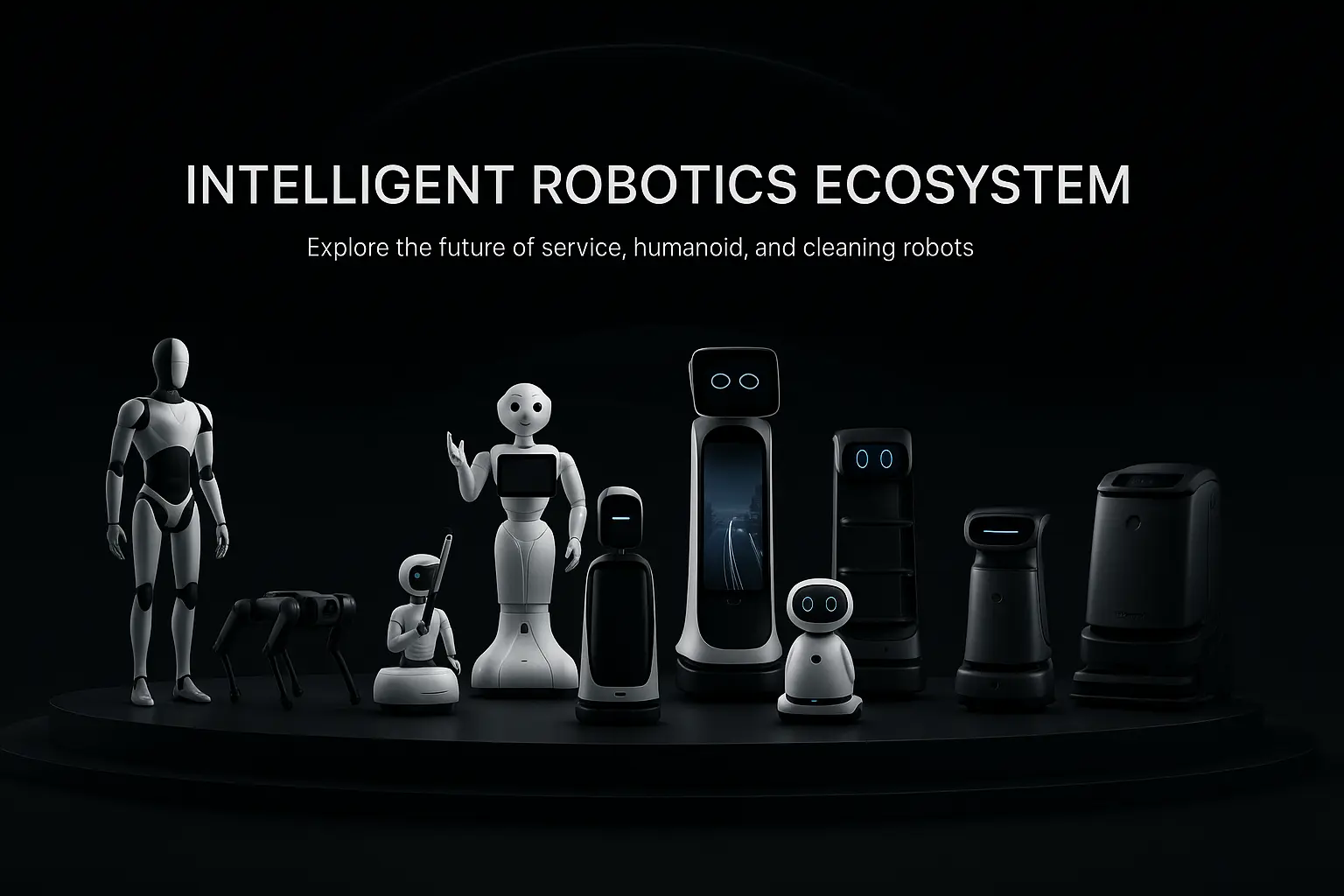 Intelligent robotics ecosystem — Syria Robots service, humanoid, and cleaning robots lineup